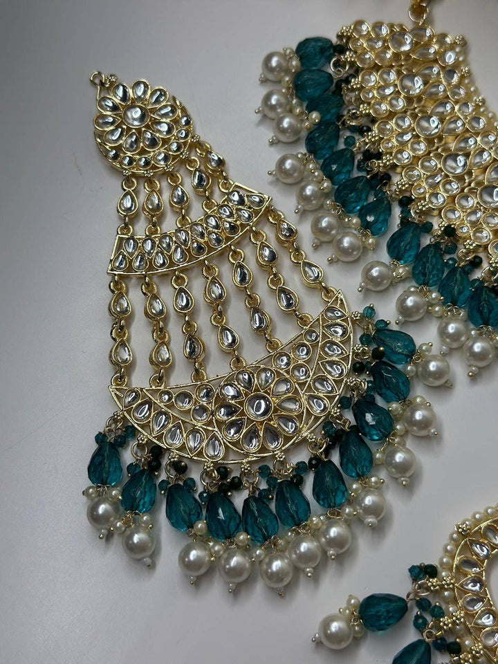 Izhaar Indian Radium Color Polki Kundan Necklace with Passa And Earrings Tikka / Wedding Jewelry/ Traditional Jewelry/ Bollywood set.