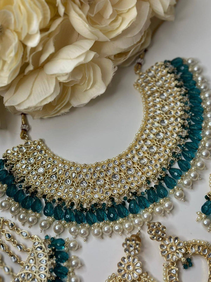 Izhaar Indian Radium Color Polki Kundan Necklace with Passa And Earrings Tikka / Wedding Jewelry/ Traditional Jewelry/ Bollywood set.