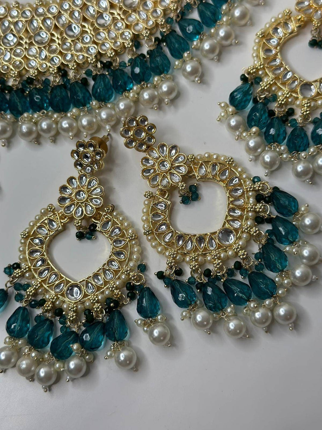 Izhaar Indian Radium Color Polki Kundan Necklace with Passa And Earrings Tikka / Wedding Jewelry/ Traditional Jewelry/ Bollywood set.