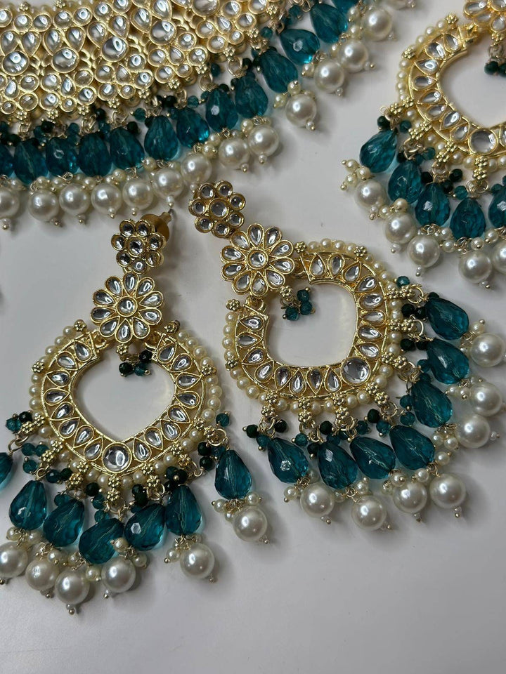 Izhaar Indian Radium Color Polki Kundan Necklace with Passa And Earrings Tikka / Wedding Jewelry/ Traditional Jewelry/ Bollywood set.