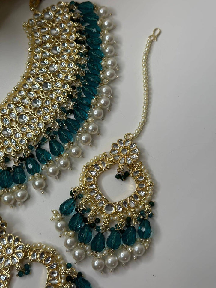 Izhaar Indian Radium Color Polki Kundan Necklace with Passa And Earrings Tikka / Wedding Jewelry/ Traditional Jewelry/ Bollywood set.
