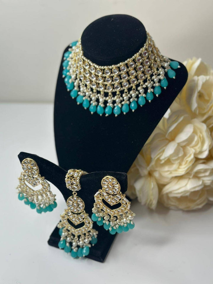 Izhaar Indian Blue Color Polki Kundan Necklace with Earrings Tikka /Wedding Jewelry/ Traditional Jewelry/Bollywood set/Indian Wedding Set.
