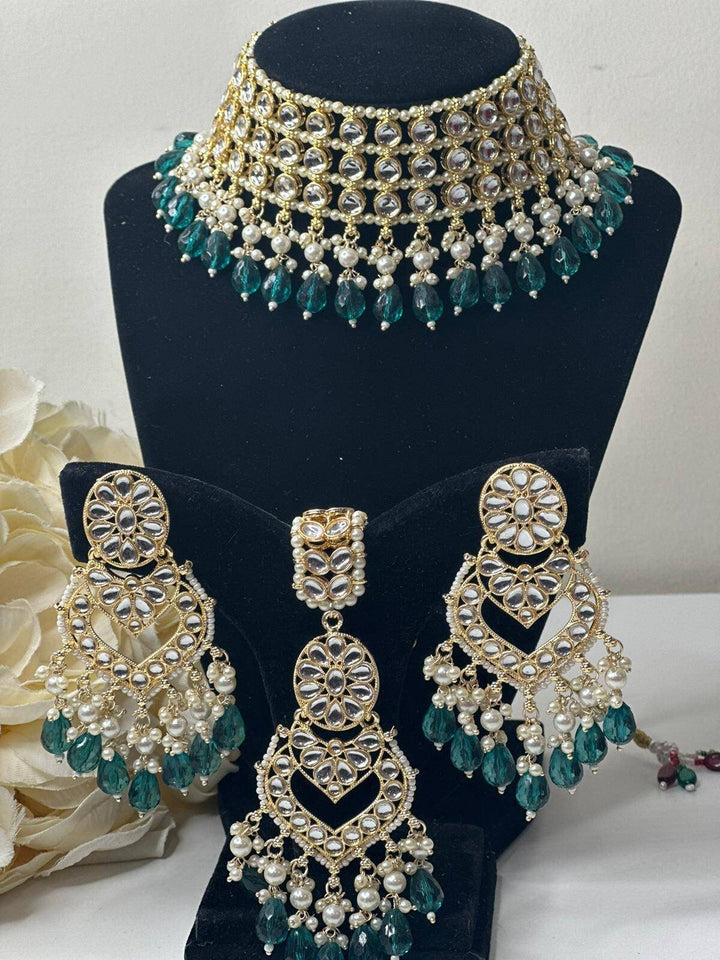 Izhaar Indian Radium Color Polki Kundan Necklace with Earrings Tikka /Wedding Jewelry/ Traditional Jewelry/Bollywood set/Indian Wedding Set.