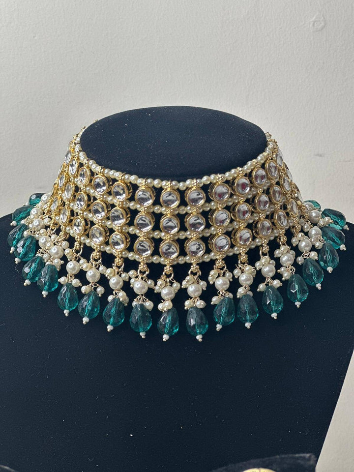Izhaar Indian Radium Color Polki Kundan Necklace with Earrings Tikka /Wedding Jewelry/ Traditional Jewelry/Bollywood set/Indian Wedding Set.