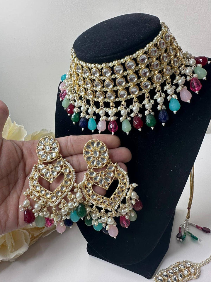 Izhaar Indian Multi Color Polki Kundan Necklace with Earrings Tikka /Wedding Jewelry/ Traditional Jewelry/Bollywood set/Indian Wedding Set.