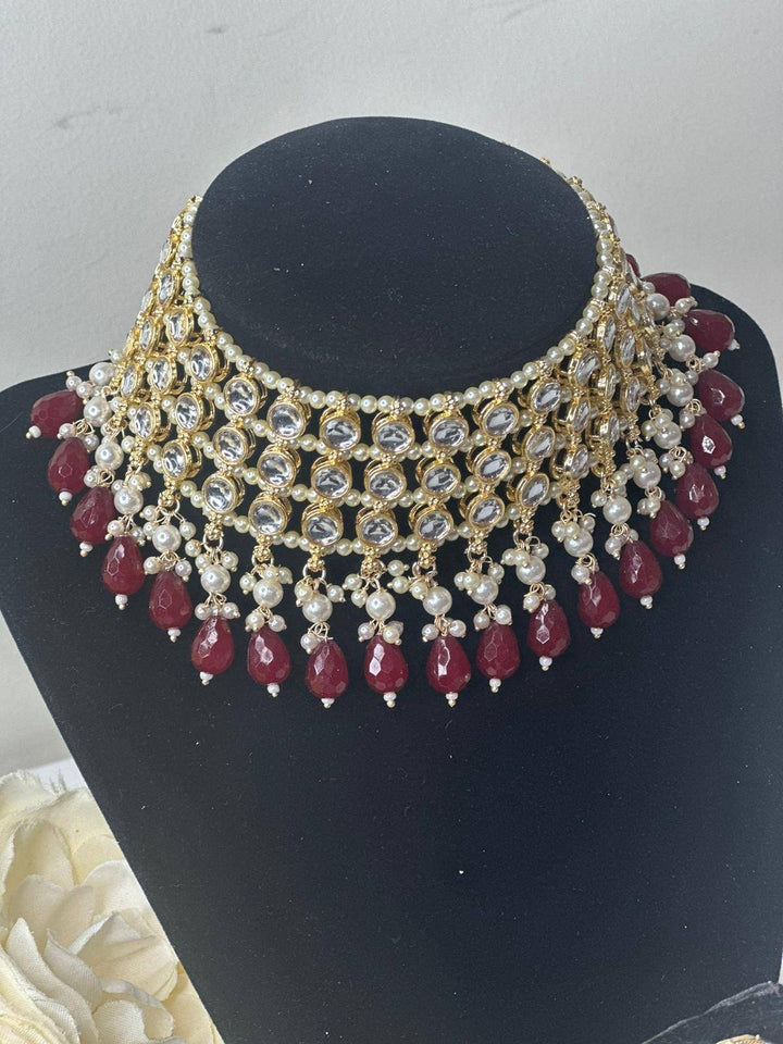 Izhaar Indian Mehroon Color Polki Kundan Necklace with Earrings Tikka /WeddingJewelry/ Traditional Jewelry/Bollywood set/Indian Wedding Set.
