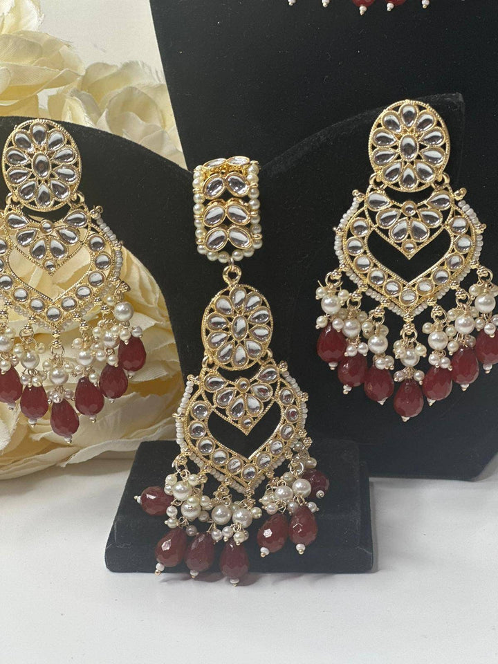 Izhaar Indian Mehroon Color Polki Kundan Necklace with Earrings Tikka /WeddingJewelry/ Traditional Jewelry/Bollywood set/Indian Wedding Set.