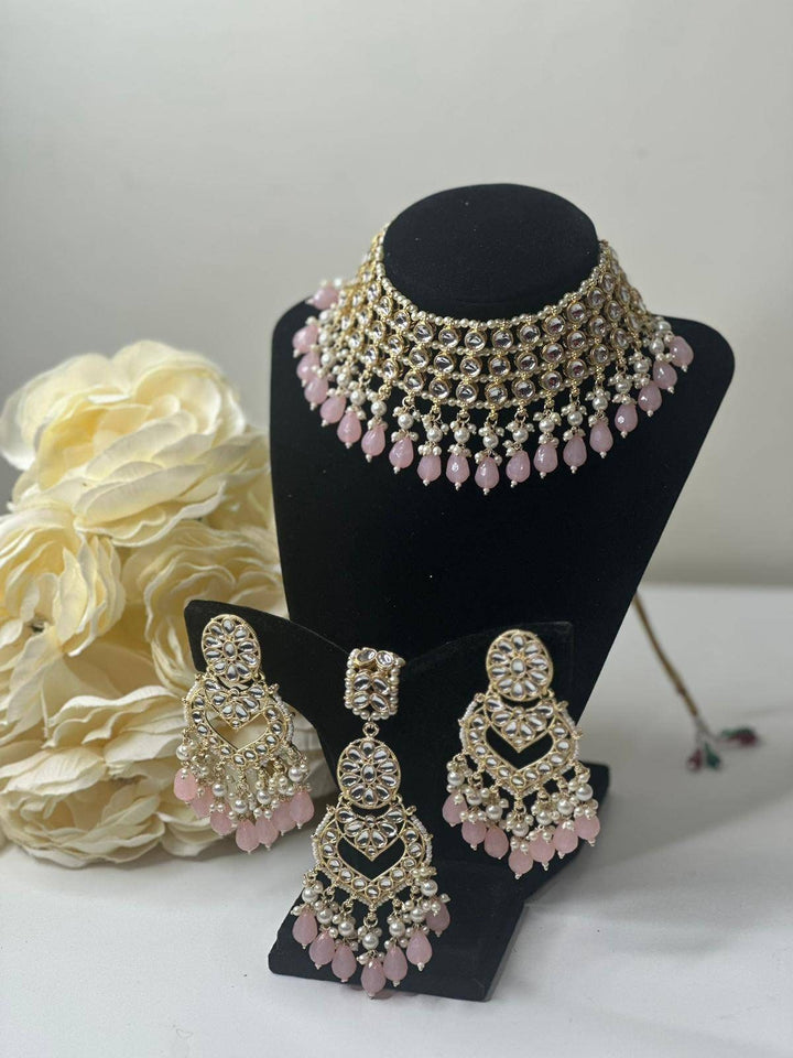 Izhaar Indian L. Pink Color Polki Kundan Necklace with Earrings Tikka /WeddingJewelry/ Traditional Jewelry/Bollywood set/Indian Wedding Set.