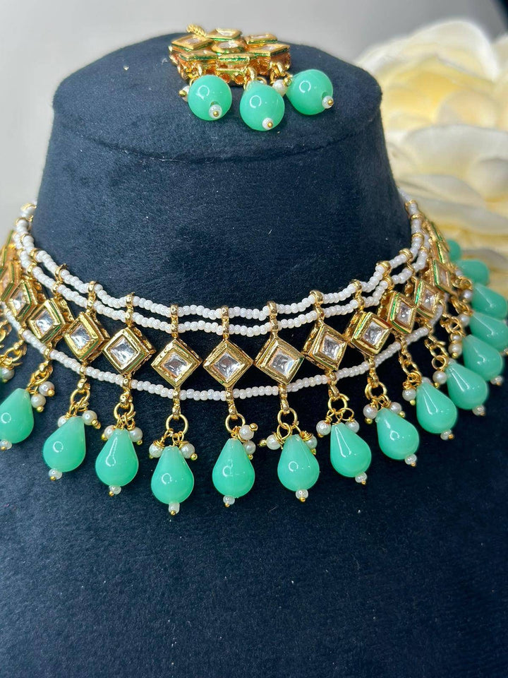 Izhaar Indian Mint Color Polki Kundan Necklace with Earrings Tikka /WeddingJewelry/ Traditional Jewelry/Bollywood set/Indian Wedding Set.