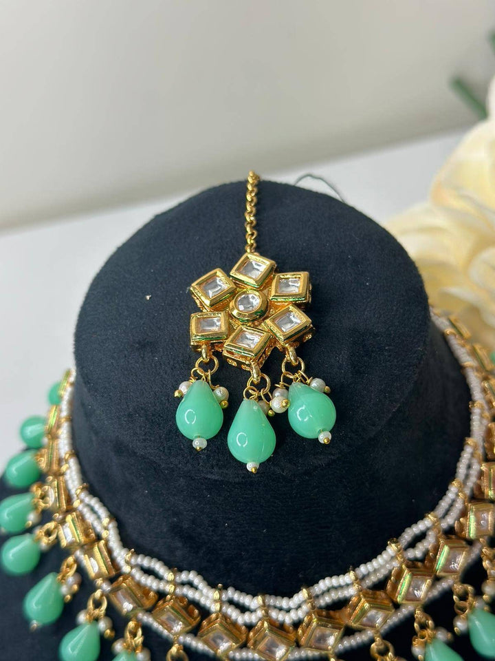 Izhaar Indian Mint Color Polki Kundan Necklace with Earrings Tikka /WeddingJewelry/ Traditional Jewelry/Bollywood set/Indian Wedding Set.