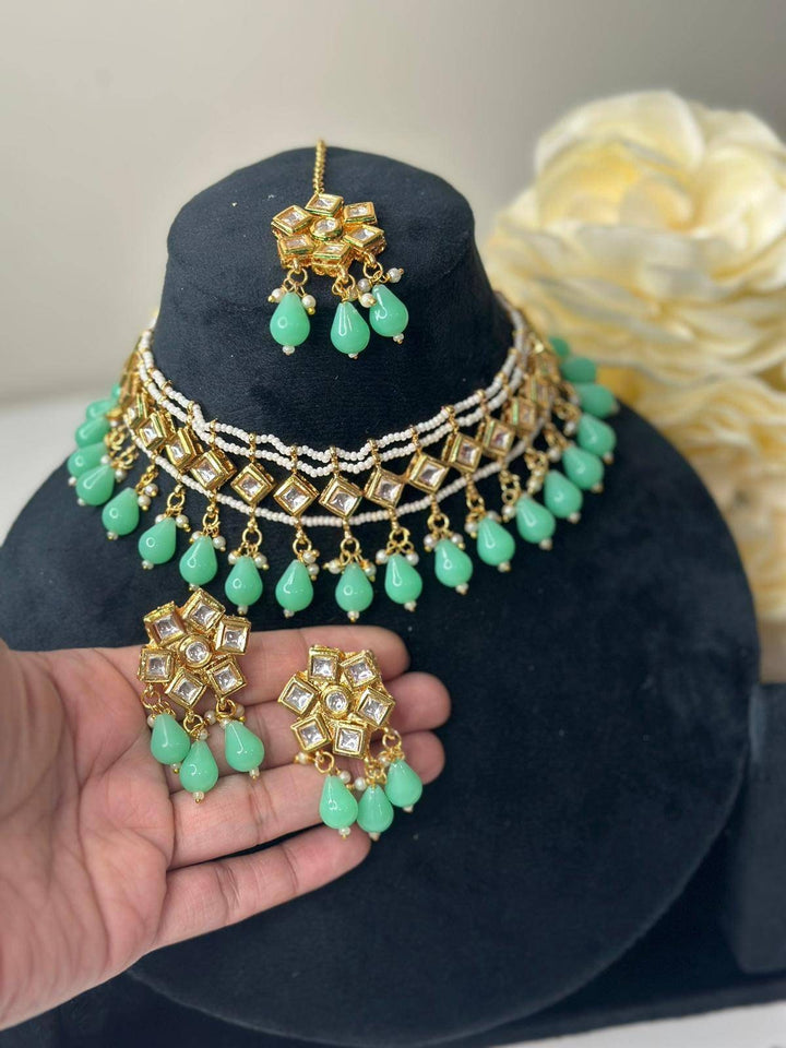 Izhaar Indian Mint Color Polki Kundan Necklace with Earrings Tikka /WeddingJewelry/ Traditional Jewelry/Bollywood set/Indian Wedding Set.