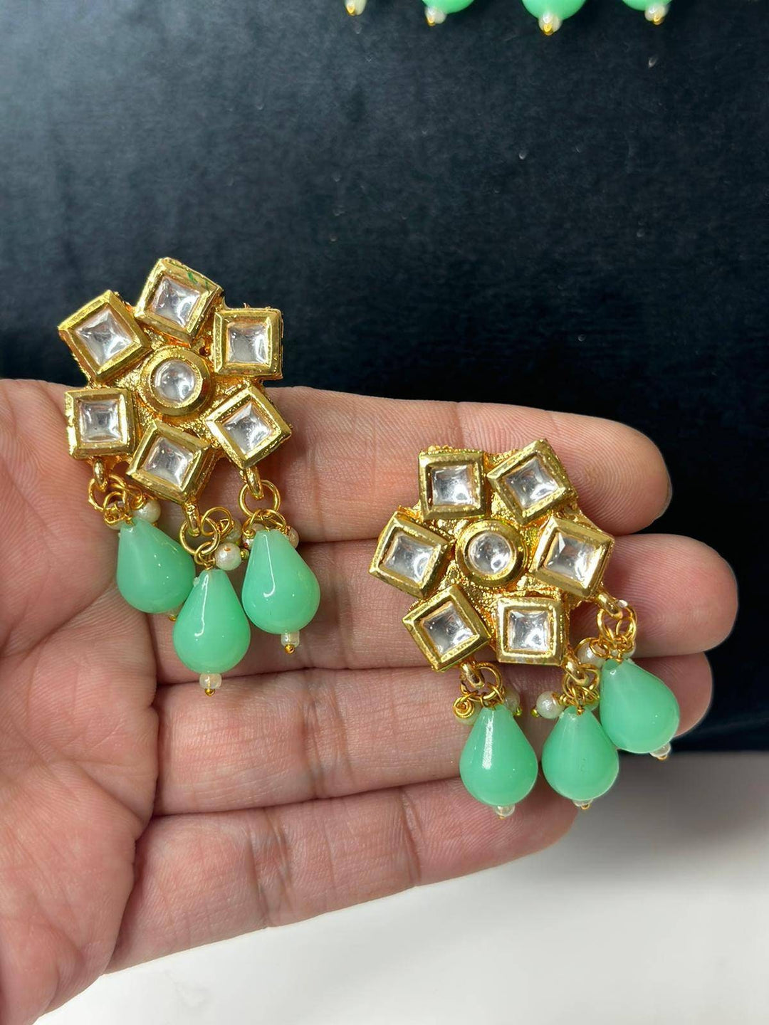 Izhaar Indian Mint Color Polki Kundan Necklace with Earrings Tikka /WeddingJewelry/ Traditional Jewelry/Bollywood set/Indian Wedding Set.