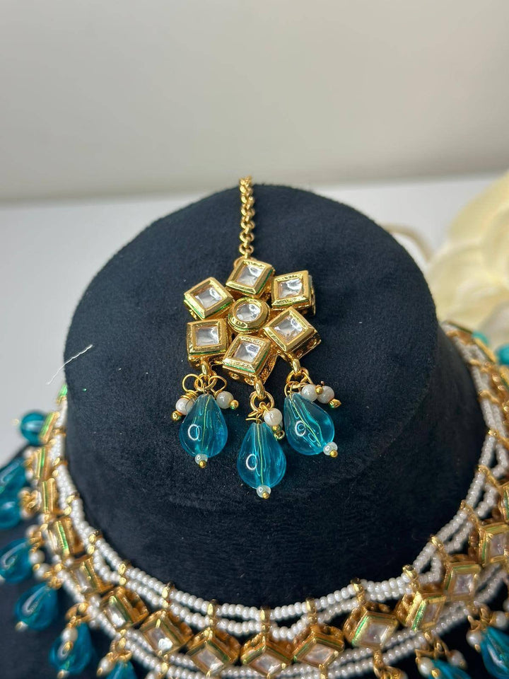 Izhaar Indian Firozi Color Polki Kundan Necklace with Earrings Tikka /WeddingJewelry/ Traditional Jewelry/Bollywood set/Indian Wedding Set.