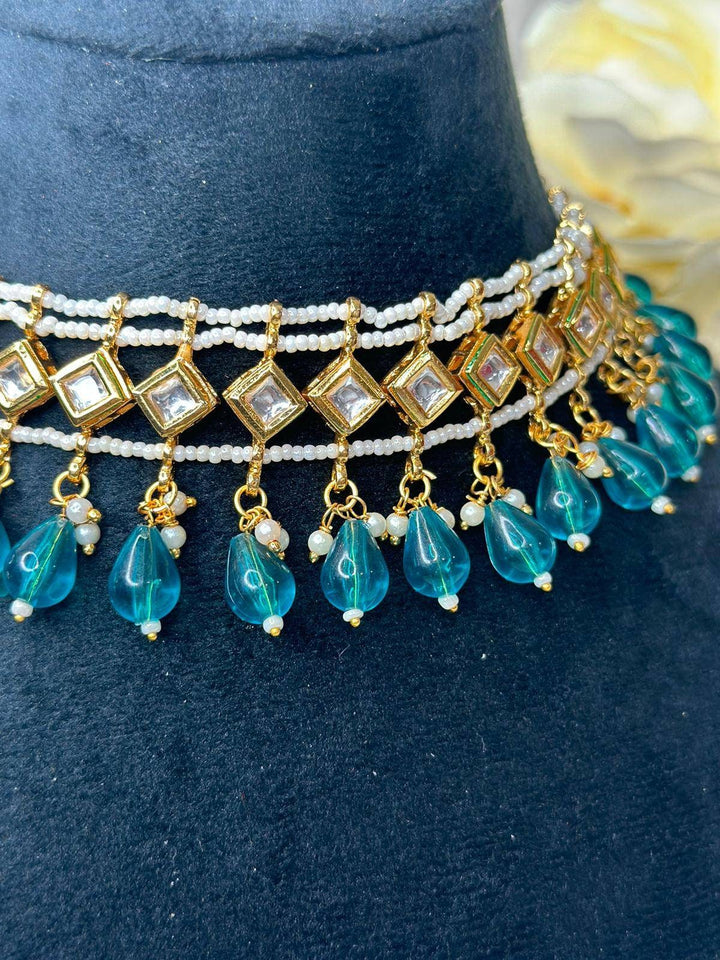 Izhaar Indian Firozi Color Polki Kundan Necklace with Earrings Tikka /WeddingJewelry/ Traditional Jewelry/Bollywood set/Indian Wedding Set.