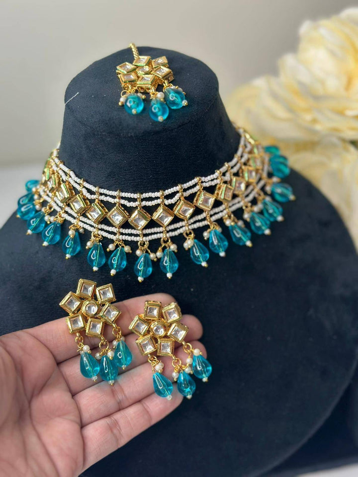 Izhaar Indian Firozi Color Polki Kundan Necklace with Earrings Tikka /WeddingJewelry/ Traditional Jewelry/Bollywood set/Indian Wedding Set.