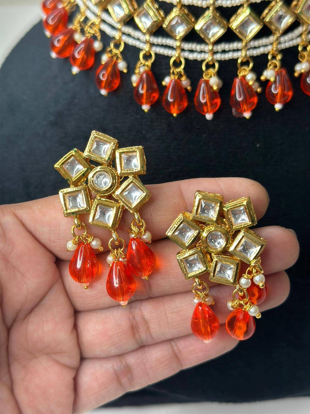 Izhaar Indian Orange Color Polki Kundan Necklace with Earrings Tikka /WeddingJewelry/ Traditional Jewelry/Bollywood set/Indian Wedding Set.