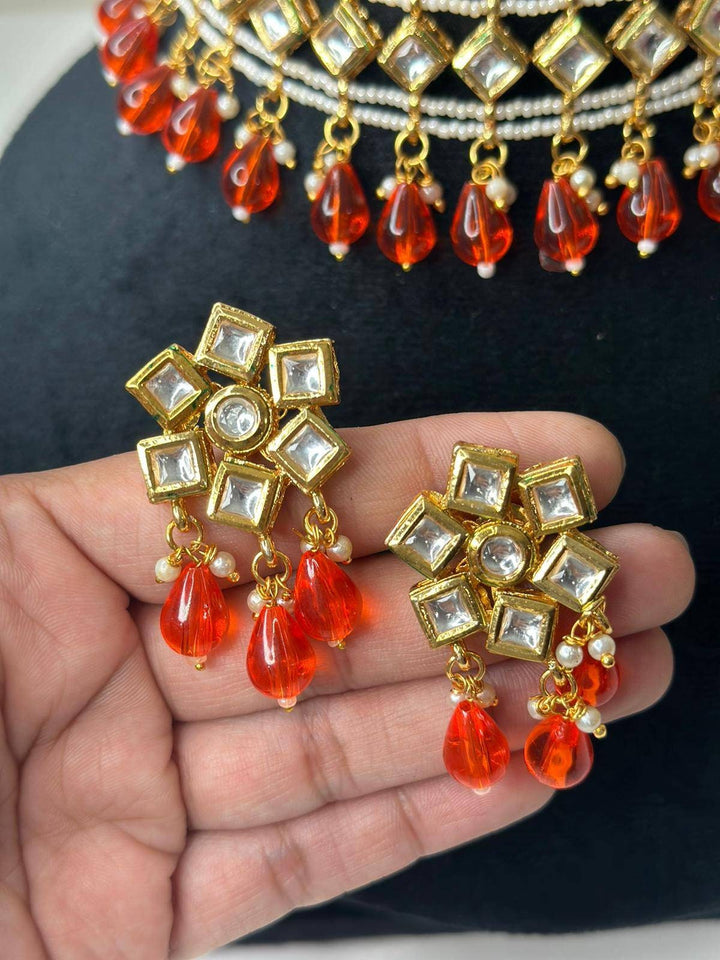 Izhaar Indian Orange Color Polki Kundan Necklace with Earrings Tikka /WeddingJewelry/ Traditional Jewelry/Bollywood set/Indian Wedding Set.