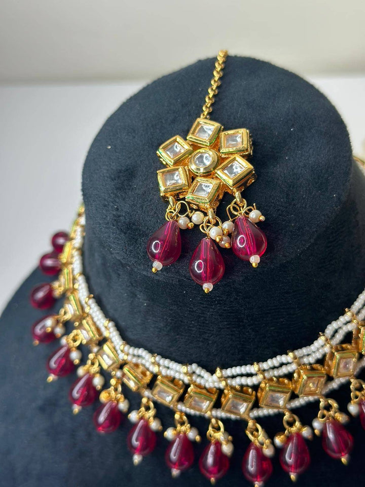 Izhaar Indian Pink Color Polki Kundan Necklace with Earrings Tikka /WeddingJewelry/ Traditional Jewelry/Bollywood set/Indian Wedding Set.