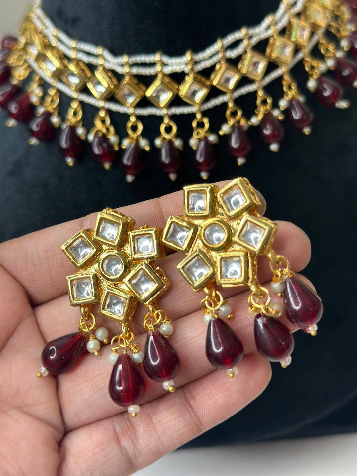 Izhaar Indian Mehroon Color Polki Kundan Necklace with Earrings Tikka /WeddingJewelry/ Traditional Jewelry/Bollywood set/Indian Wedding Set.