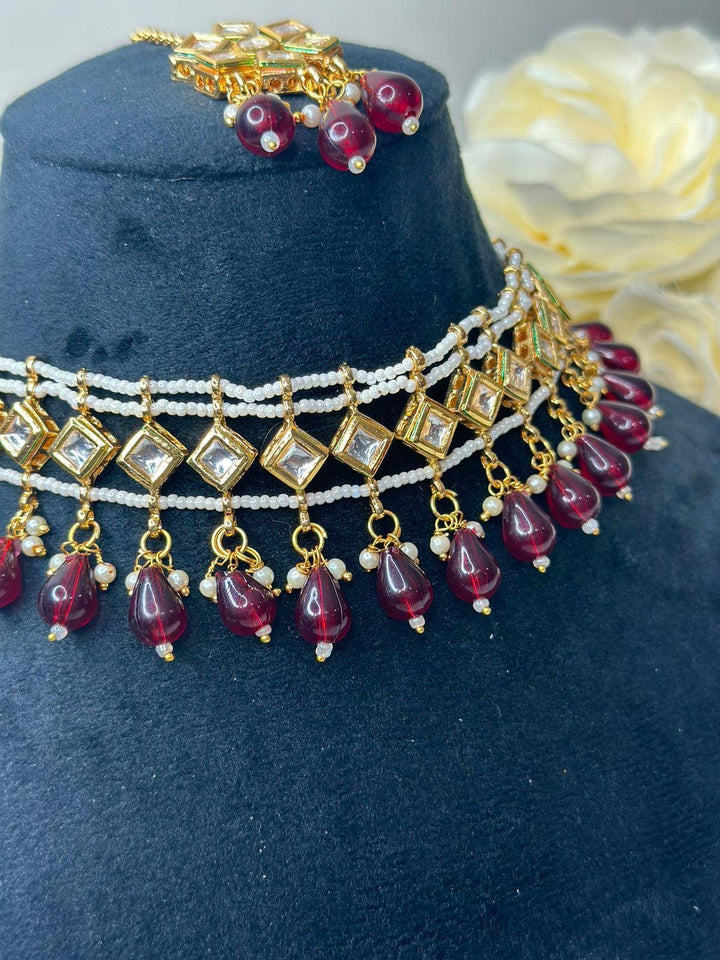 Izhaar Indian Mehroon Color Polki Kundan Necklace with Earrings Tikka /WeddingJewelry/ Traditional Jewelry/Bollywood set/Indian Wedding Set.