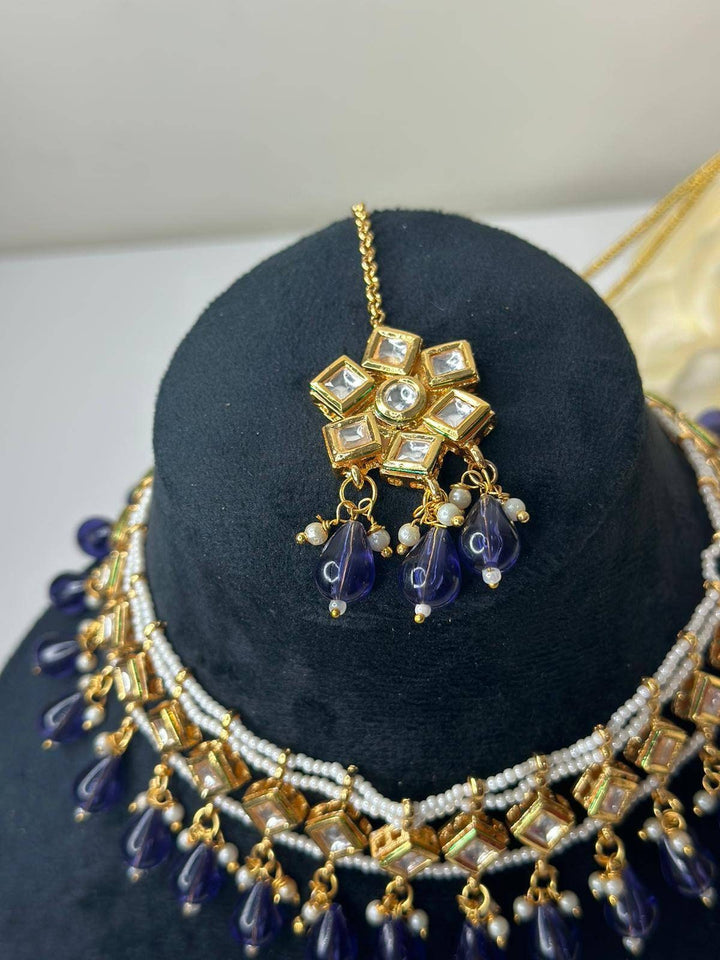 Izhaar Indian D. Blue Color Polki Kundan Necklace with Earrings Tikka /WeddingJewelry/ Traditional Jewelry/Bollywood set/Indian Wedding Set.
