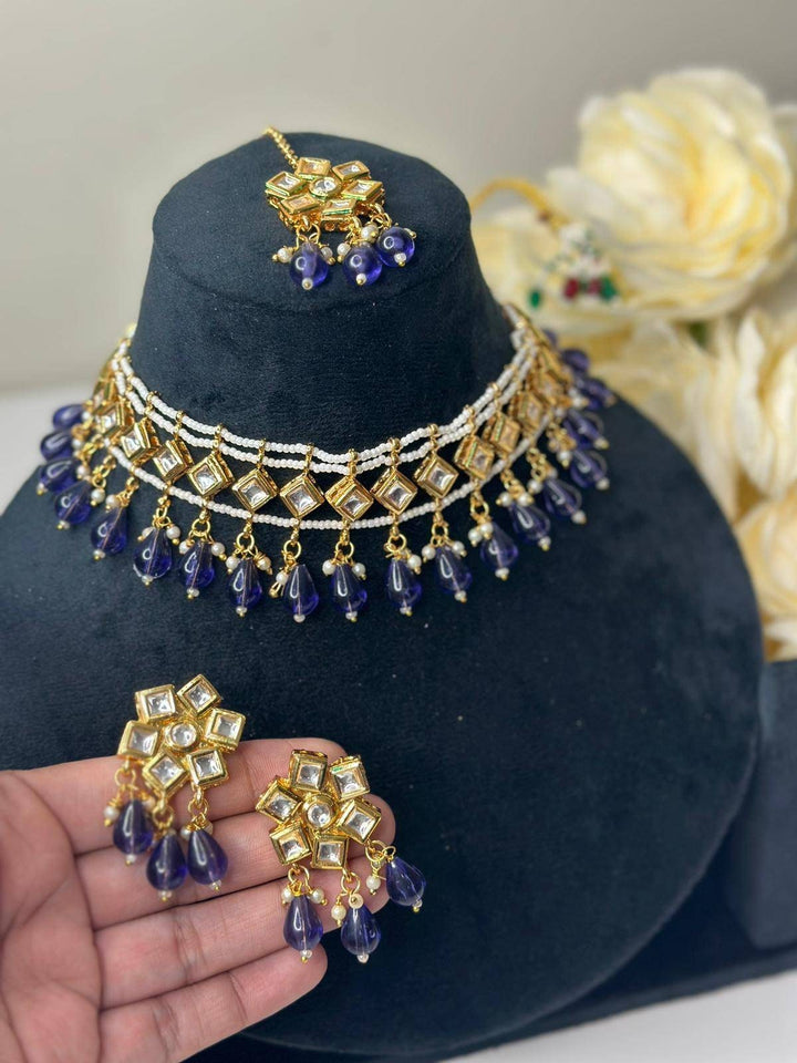 Izhaar Indian D. Blue Color Polki Kundan Necklace with Earrings Tikka /WeddingJewelry/ Traditional Jewelry/Bollywood set/Indian Wedding Set.
