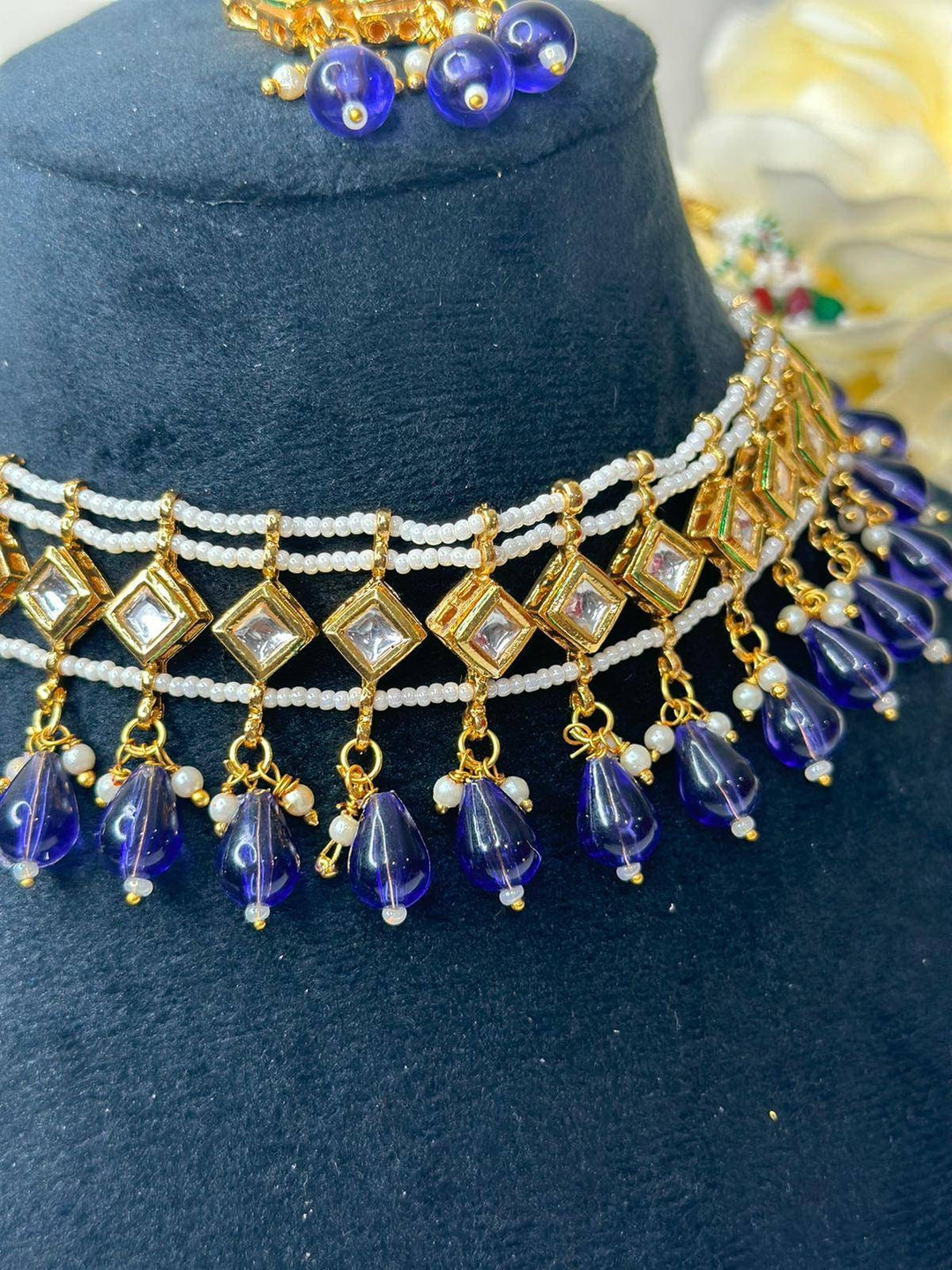 Izhaar Indian D. Blue Color Polki Kundan Necklace with Earrings Tikka /WeddingJewelry/ Traditional Jewelry/Bollywood set/Indian Wedding Set.