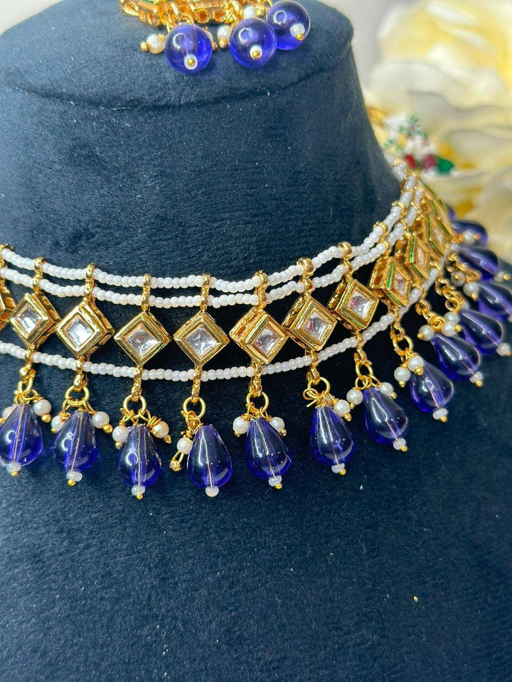 Izhaar Indian D. Blue Color Polki Kundan Necklace with Earrings Tikka /WeddingJewelry/ Traditional Jewelry/Bollywood set/Indian Wedding Set.