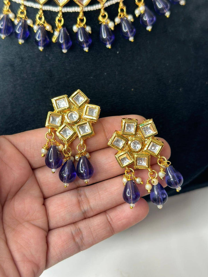 Izhaar Indian D. Blue Color Polki Kundan Necklace with Earrings Tikka /WeddingJewelry/ Traditional Jewelry/Bollywood set/Indian Wedding Set.