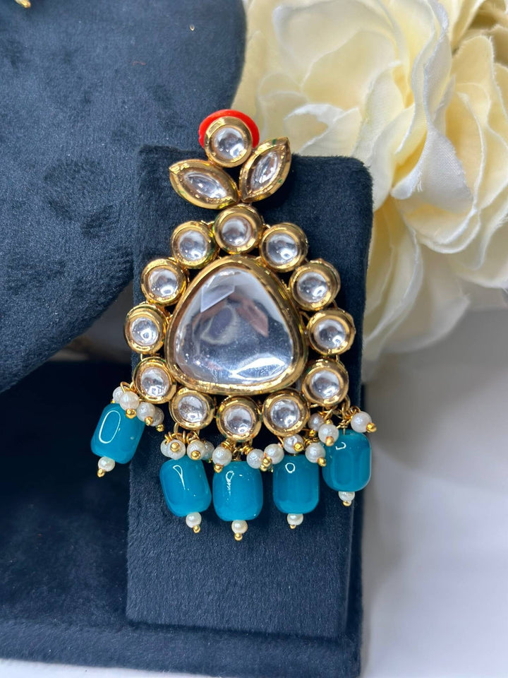 Izhaar Indian L. Blue Color Uncut Kundan Necklace with Earrings Tikka /WeddingJewelry/ Traditional Jewelry/Bollywood set/Indian Wedding Set.