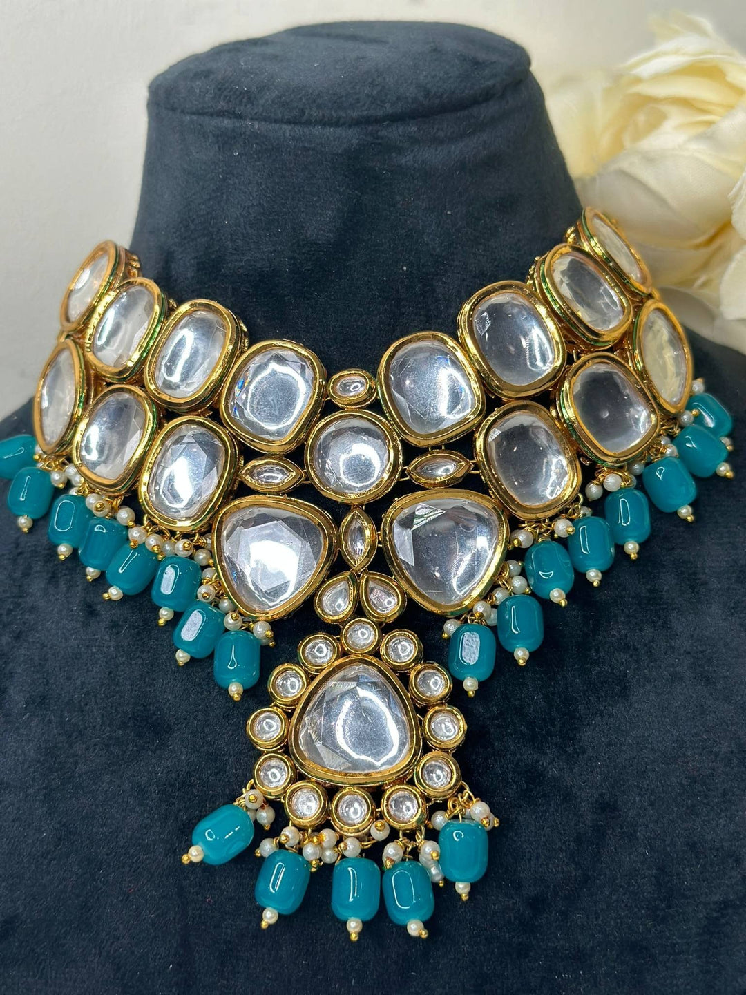 Izhaar Indian L. Blue Color Uncut Kundan Necklace with Earrings Tikka /WeddingJewelry/ Traditional Jewelry/Bollywood set/Indian Wedding Set.