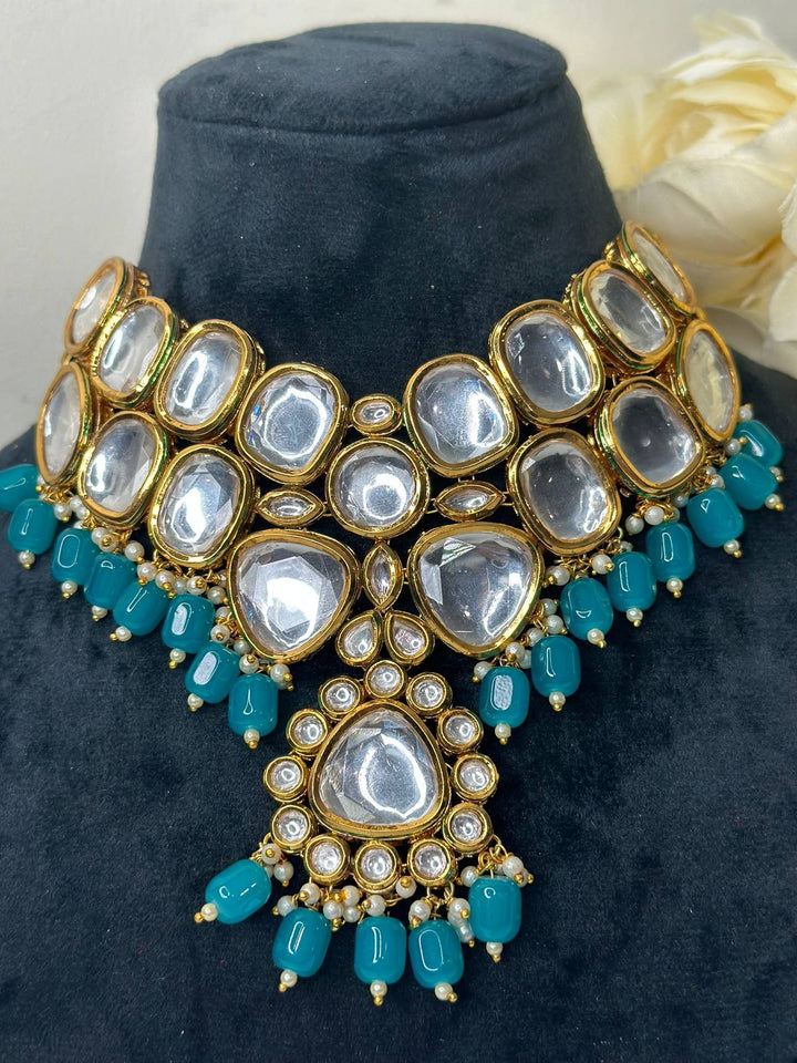 Izhaar Indian L. Blue Color Uncut Kundan Necklace with Earrings Tikka /WeddingJewelry/ Traditional Jewelry/Bollywood set/Indian Wedding Set.