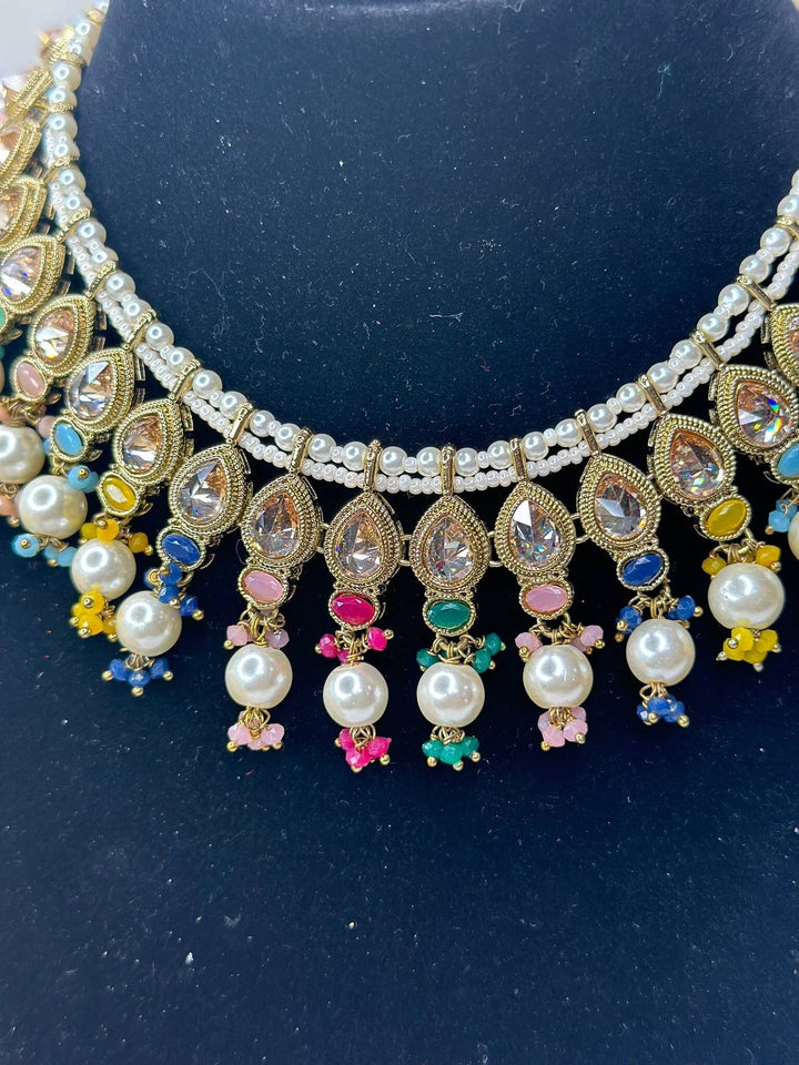 Izhaar Indian Multi Color Polki Reverse AD Necklace with Earrings Tikka/ Wedding Jewelry/ Traditional Jewelry/Wedding/Reverse AD.