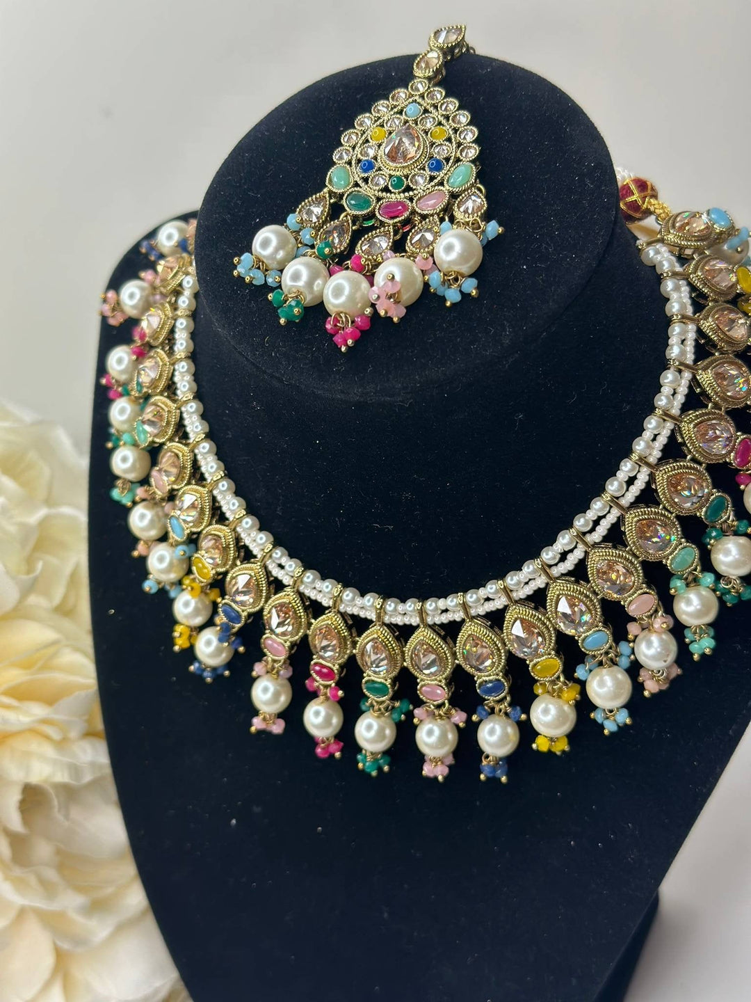 Izhaar Indian Multi Color Polki Reverse AD Necklace with Earrings Tikka/ Wedding Jewelry/ Traditional Jewelry/Wedding/Reverse AD.