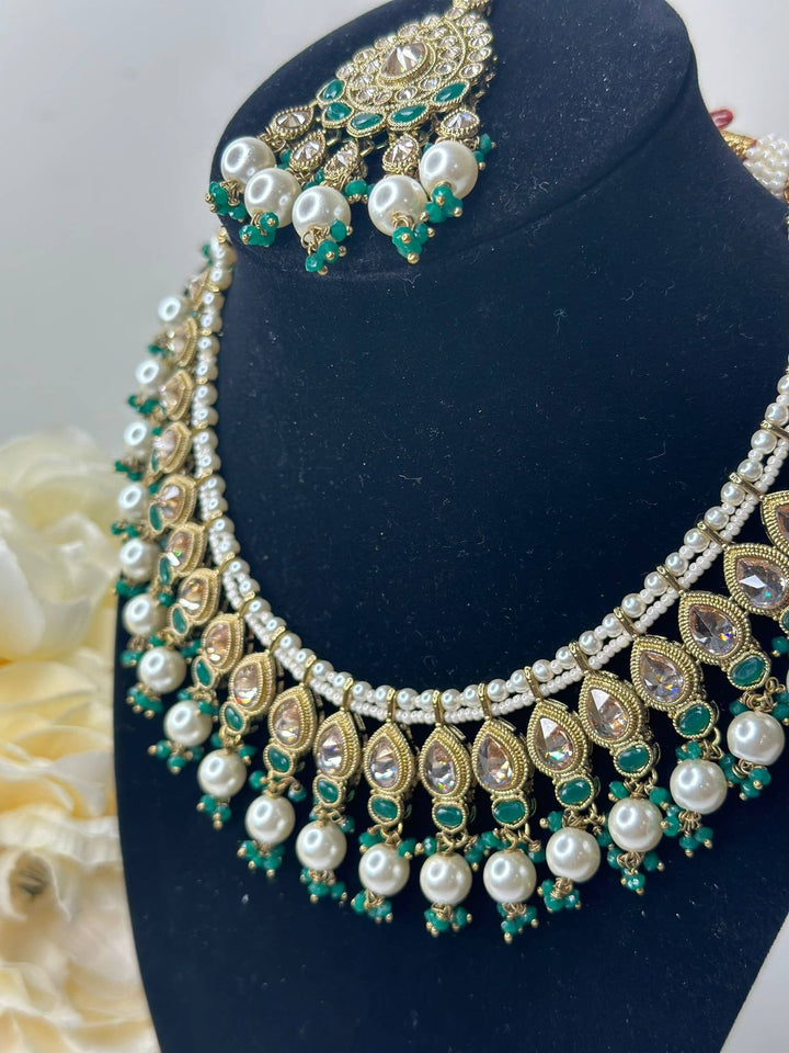 Izhaar Indian Green Color Polki Reverse AD Necklace with Earrings Tikka/ Wedding Jewelry/ Traditional Jewelry/Wedding/Reverse AD.