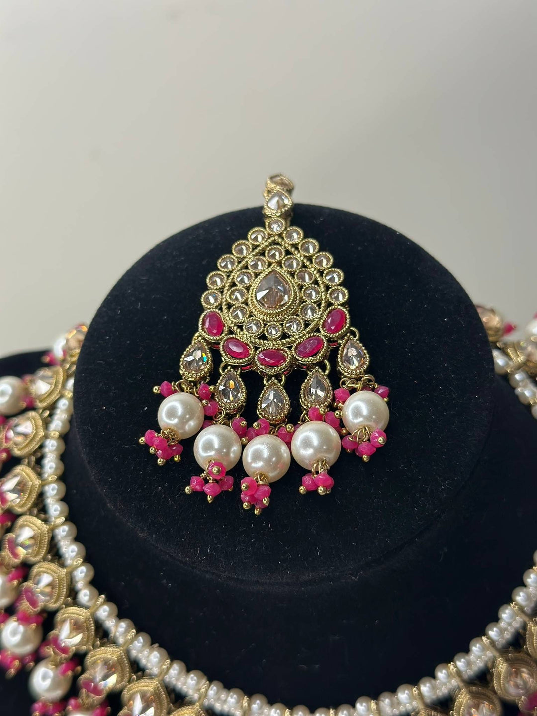 Izhaar Indian Pink Color Polki Reverse AD Necklace with Earrings Tikka/ Wedding Jewelry/ Traditional Jewelry/Wedding/Reverse AD.