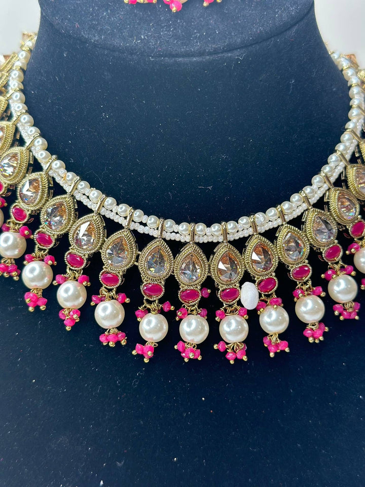 Izhaar Indian Pink Color Polki Reverse AD Necklace with Earrings Tikka/ Wedding Jewelry/ Traditional Jewelry/Wedding/Reverse AD.