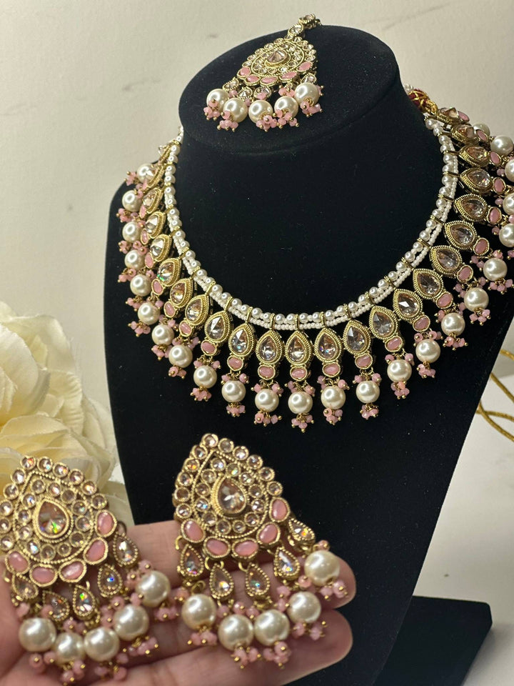 Izhaar Indian Peach Color Polki Reverse AD Necklace with Earrings Tikka/ Wedding Jewelry/ Traditional Jewelry/Wedding/Reverse AD.