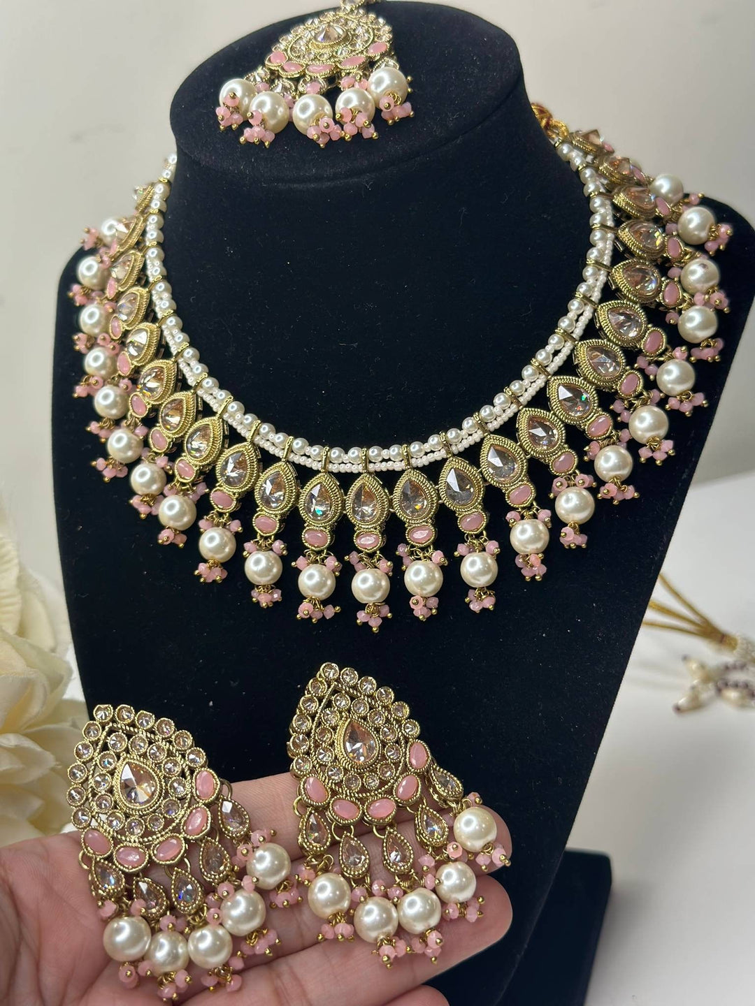 Izhaar Indian Peach Color Polki Reverse AD Necklace with Earrings Tikka/ Wedding Jewelry/ Traditional Jewelry/Wedding/Reverse AD.