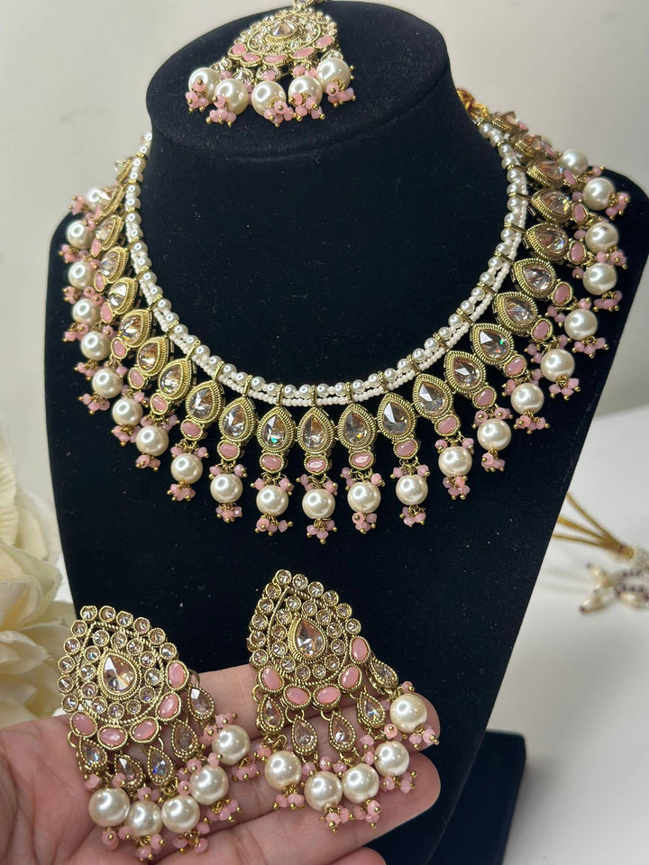 Izhaar Indian Peach Color Polki Reverse AD Necklace with Earrings Tikka/ Wedding Jewelry/ Traditional Jewelry/Wedding/Reverse AD.