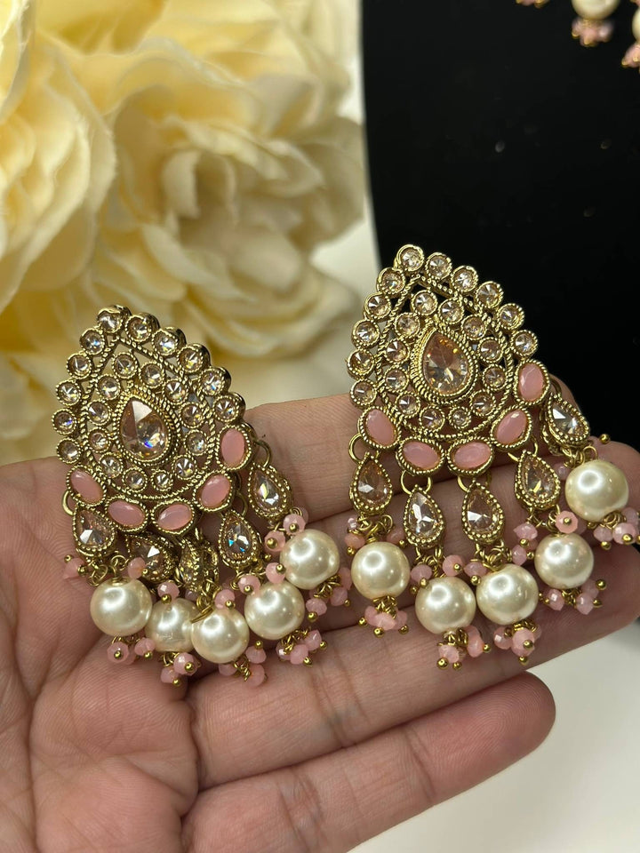 Izhaar Indian Peach Color Polki Reverse AD Necklace with Earrings Tikka/ Wedding Jewelry/ Traditional Jewelry/Wedding/Reverse AD.