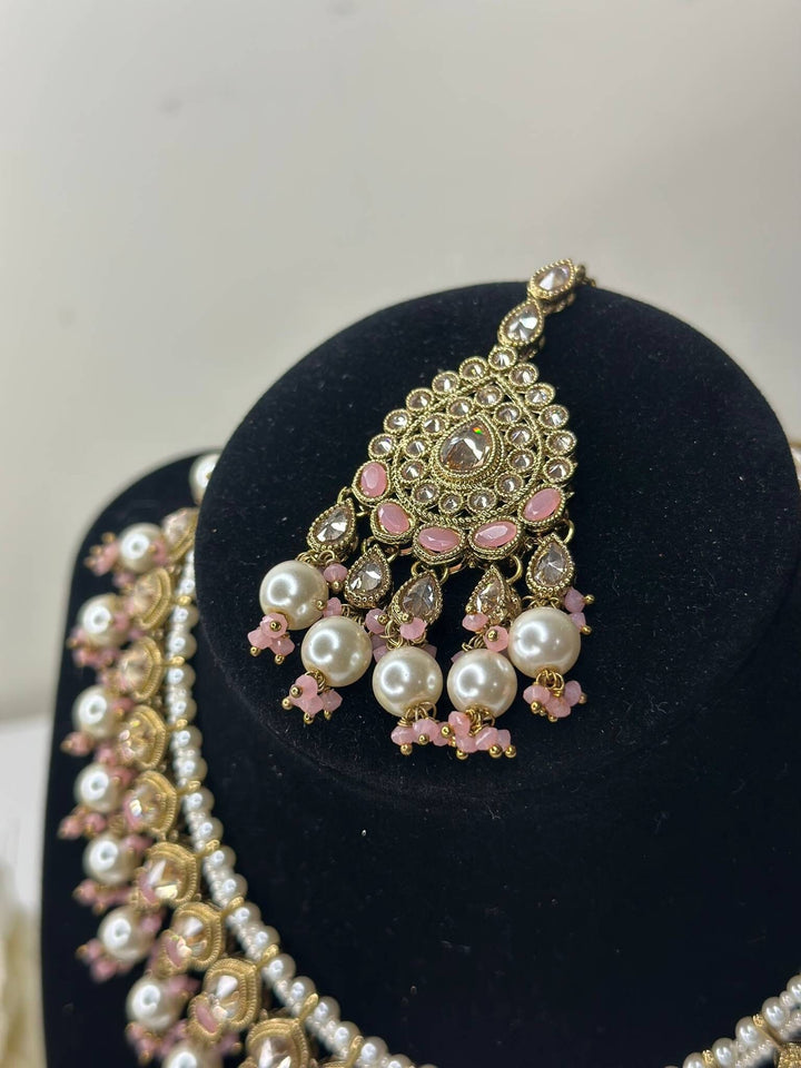 Izhaar Indian Peach Color Polki Reverse AD Necklace with Earrings Tikka/ Wedding Jewelry/ Traditional Jewelry/Wedding/Reverse AD.