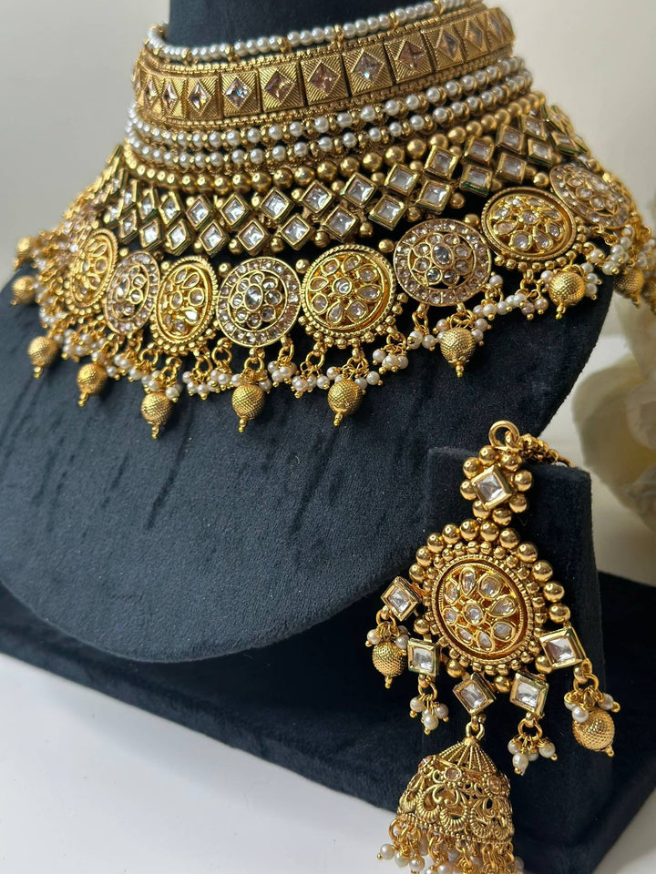 Izhaar AD Polki Kundan Necklace with Earrings Tikka / Wedding Jewelry/ Traditional Jewelry/ Bollywood set/ Indian Pakistani wedding set