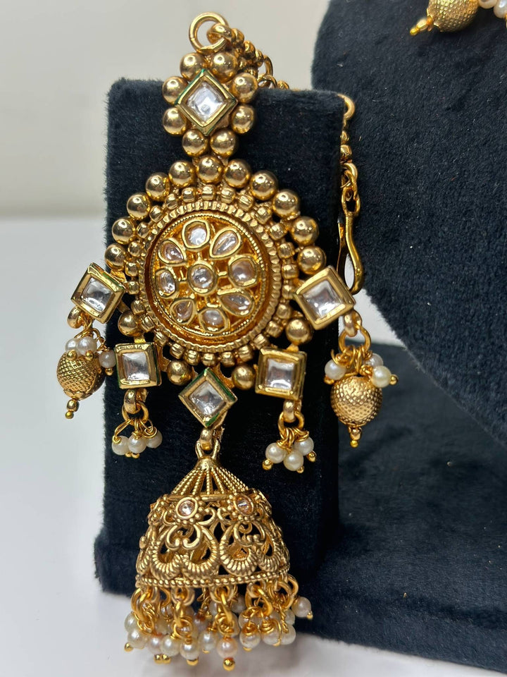 Izhaar AD Polki Kundan Necklace with Earrings Tikka / Wedding Jewelry/ Traditional Jewelry/ Bollywood set/ Indian Pakistani wedding set