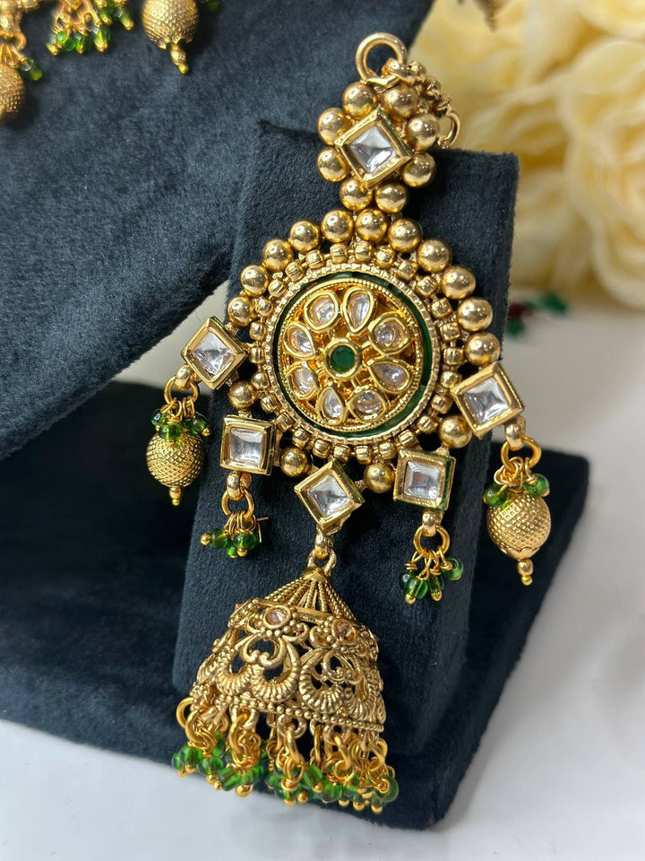 Izhaar Green Color AD Polki Kundan Necklace with Earrings Tikka/Wedding Jewelry/Traditional Jewelry/Indian Pakistani wedding set.