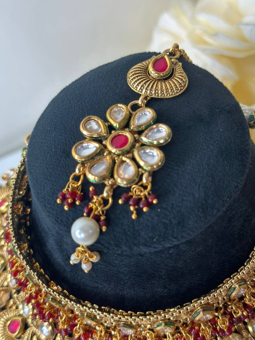 Izhaar Pink Color AD Polki Kundan Necklace with Earrings Tikka/Wedding Jewelry/Traditional Jewelry/Indian Pakistani wedding set.