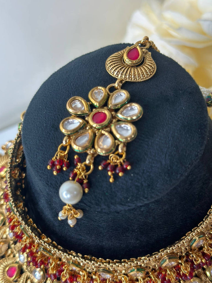 Izhaar Pink Color AD Polki Kundan Necklace with Earrings Tikka/Wedding Jewelry/Traditional Jewelry/Indian Pakistani wedding set.