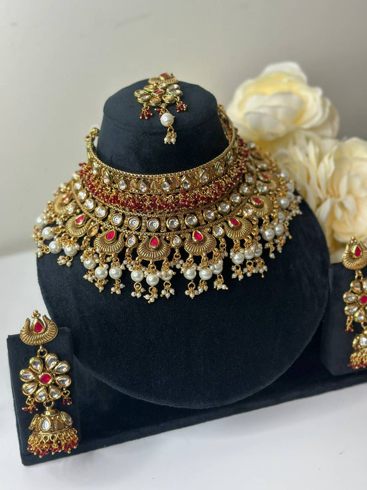 Izhaar Pink Color AD Polki Kundan Necklace with Earrings Tikka/Wedding Jewelry/Traditional Jewelry/Indian Pakistani wedding set.