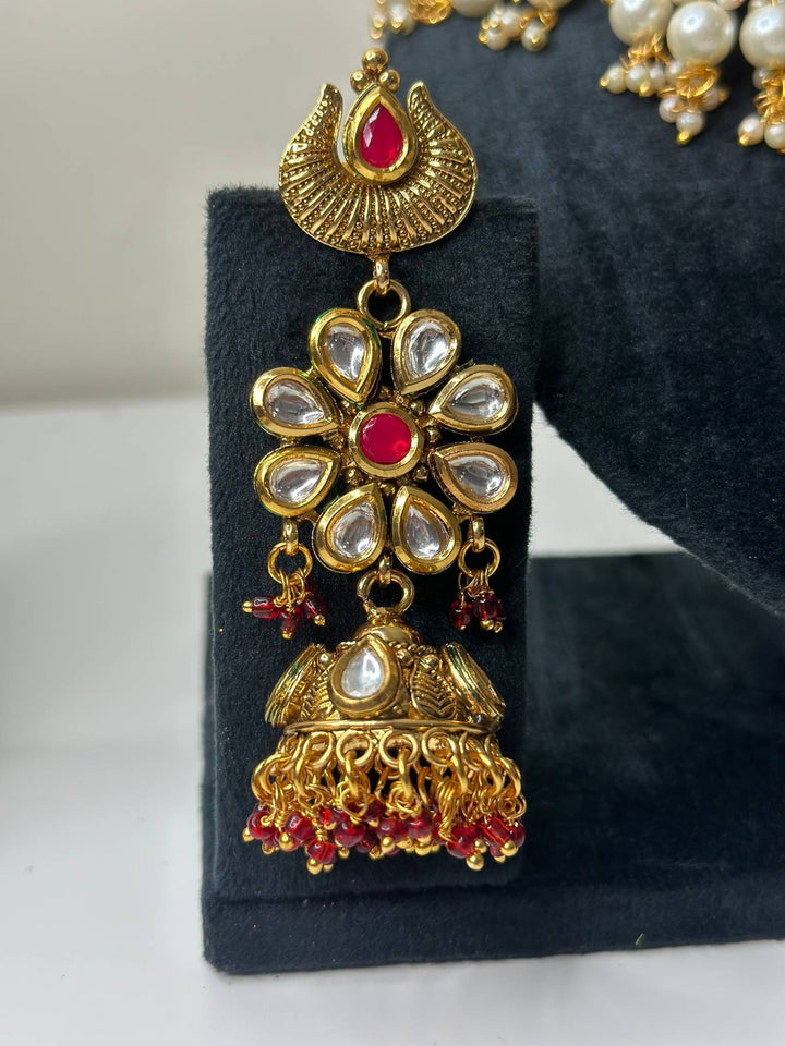 Izhaar Pink Color AD Polki Kundan Necklace with Earrings Tikka/Wedding Jewelry/Traditional Jewelry/Indian Pakistani wedding set.