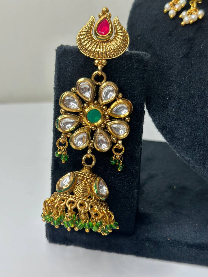 Izhaar Multi Color AD Polki Kundan Necklace with Earrings Tikka/Wedding Jewelry/Traditional Jewelry/Indian Pakistani wedding set.